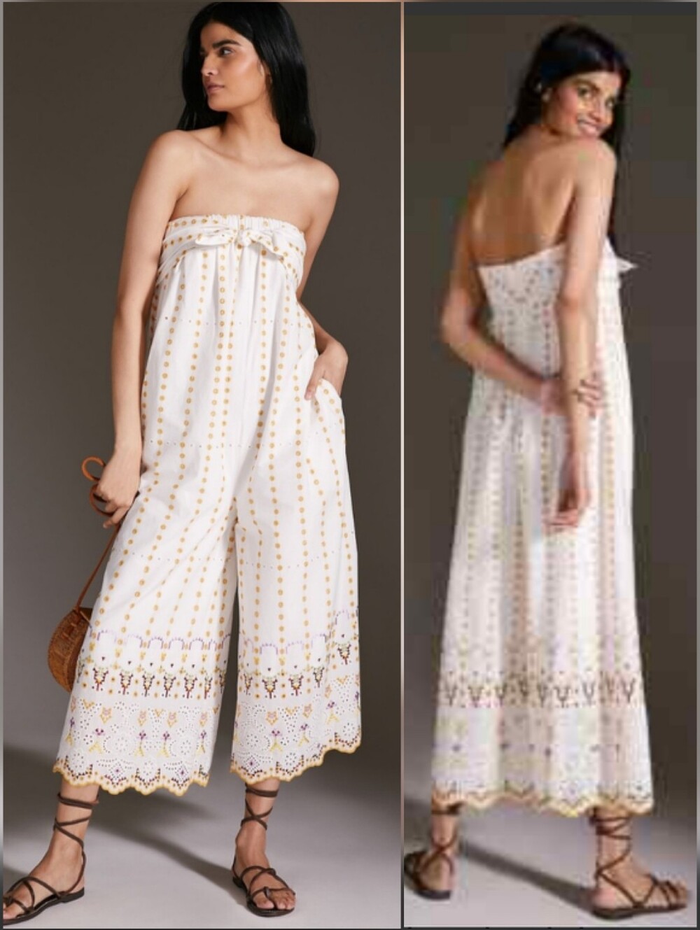 Anthropology Strapless Eyelet Embroidered Bow Cotton Jumpsuit